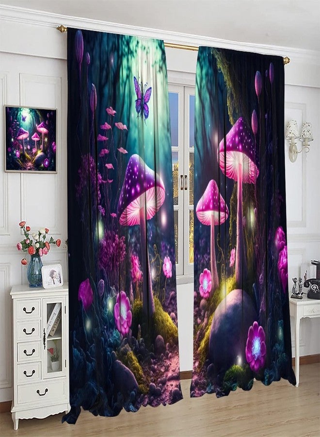 LOMADIA Mushroom Blackout Curtain, Retro Abstract Purple Cartoon Style Flower Butterfly Mushroom Home Decor Windows Rod Pocket Curtain for Bedroom Living Room Kitchen Cafe Office Drapes 42x54in - Image 3